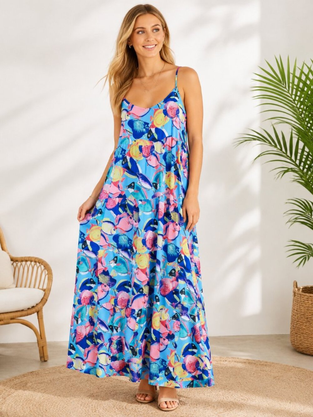 Show me your Mumu Caroline Under the Sea Tropical Fish Ocean Maxi Dress Sz. S
